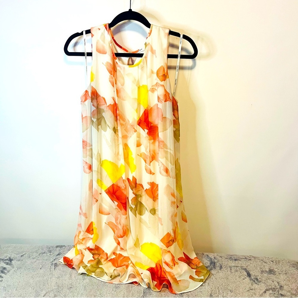Calvin Klein Yellow and Orange Floral Sleeveless Dress Size M